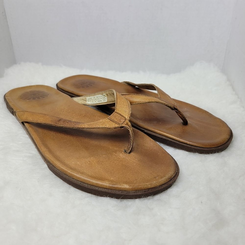 UGG Bennison II Brown Solid Leather Comfort  Flip Flop Sandal Shoes Size 14
